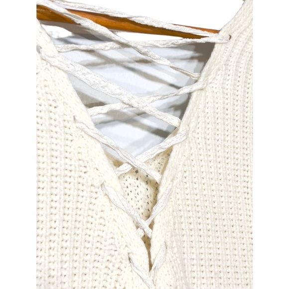 Anthropologie Moon & Madison Ivory Lace Up Back V-Neck Pullover Knit Sweater M - Picture 5 of 11